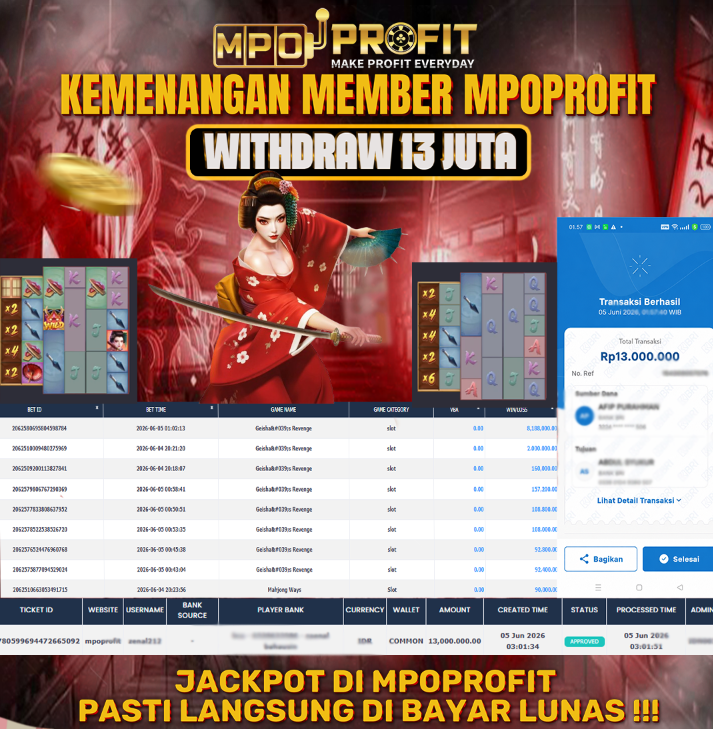MPOPROFIT JACKPOT SLOT PGSOFT! KEMENANGAN MURNI DI (GEISHA S REVENGE TOTAL 13,000.000,- LUNAS)